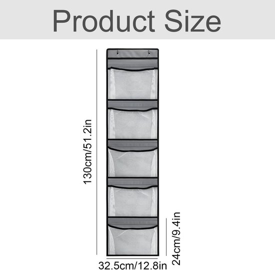 Afmetingen van de grijze opbergzak: 130cm/51.2in hoog en 32.5cm/12.8in breed. Zakken zijn 24cm/9.4in diep.