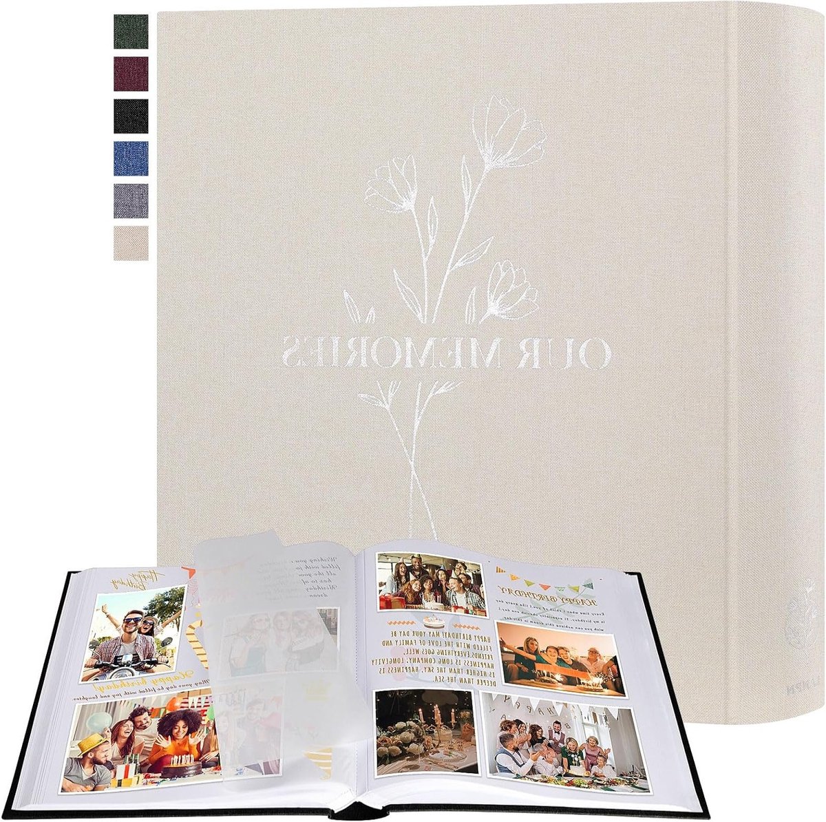 Groot DIY Fotoalbum met Linnen Kaft, 160 Witte Pagina's en Cellofaan Scheiders voor Herinneringen en Scrapbooking van Foto's tot 13 x 18 cm