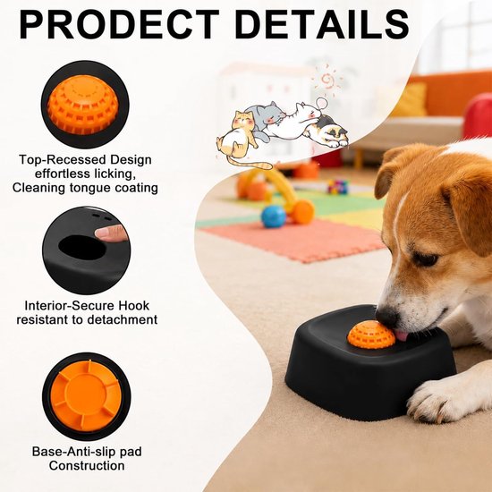 Een hond likt aan een oranje bal in een zwarte voerbak. Aan de linkerkant staan afbeeldingen van de bovenkant, het interieur en de onderkant van de bak. De tekst "PRODUCT DETAILS" staat bovenaan.