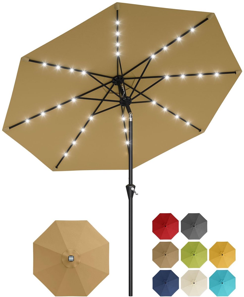 Parasol met Solar LED Verlichting - 300x300x240cm - Tuinparasol UV-bestendig met 8 Ribben en Kantelfunctie - Eenvoudig met Draaiknop - Zonder Voet - Voor Tuin Zwembad of Terras - Kaki