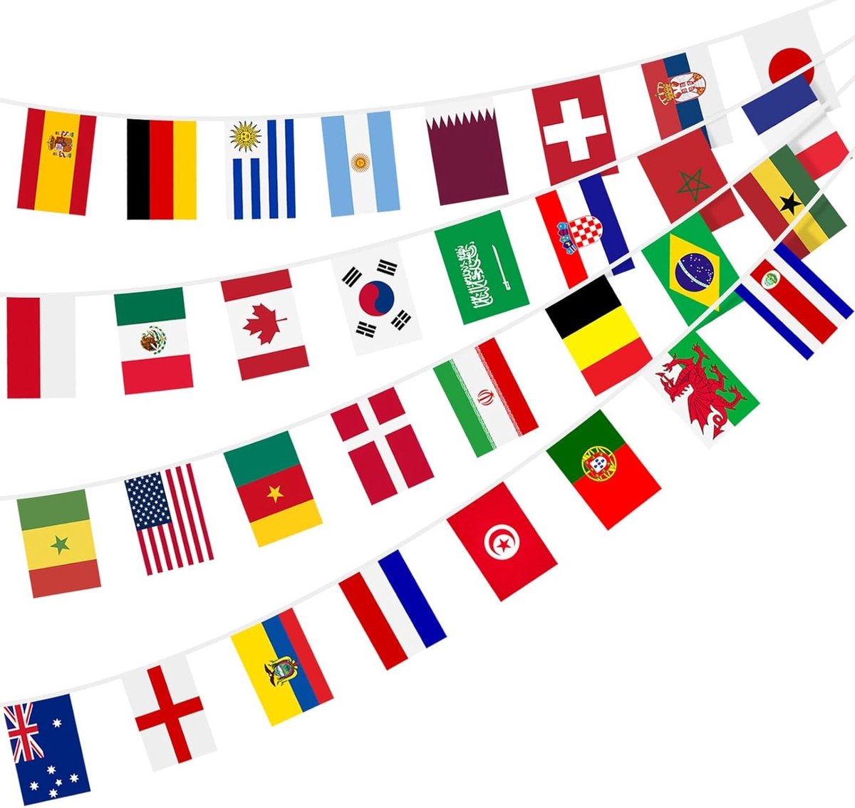 Voetbal Wereldkampioenschap 2022 Vlaggenlijn, 12m Dubbelzijdige Stoffen Bunting met 32 Landenvlaggen voor Feestdecoratie en Sportevenementen