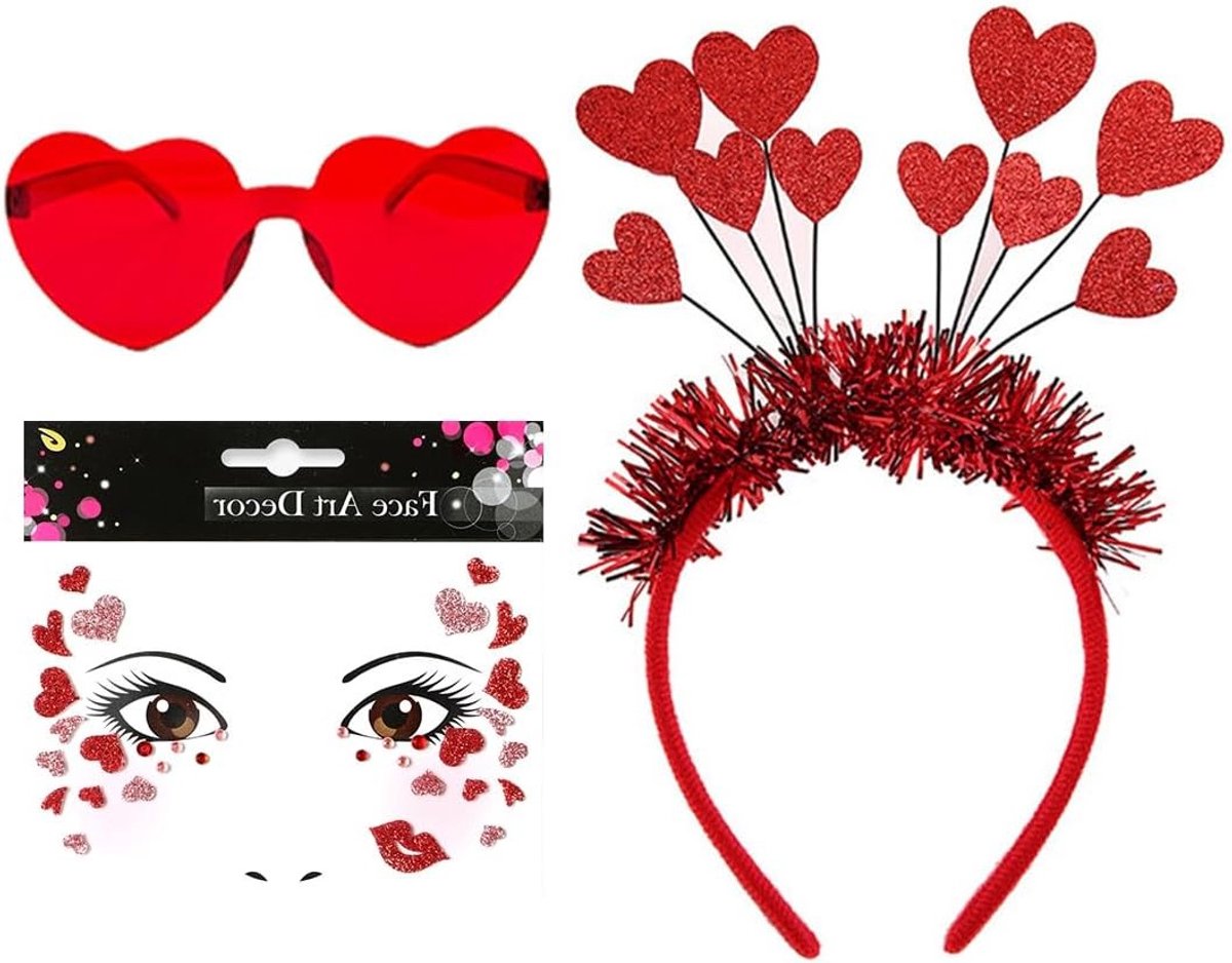 Rode hartbrillen, gezichtsstickers en hartvormige hoofdband voor een Amor kostuum, perfect voor liefdesfeest en carnaval