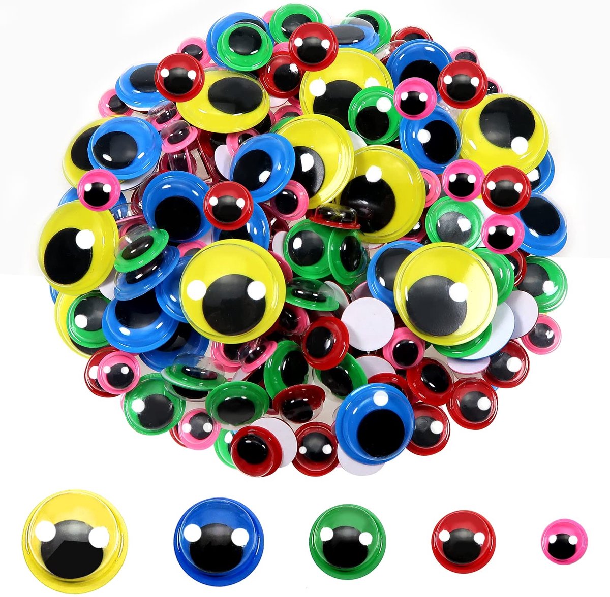 Dailygoods- Wiebelogen Groot - 200 Stuks - Zelfklevend - Ronde Kunststof - 8 tot 20 mm - Voor DIY/Scrapbooking - Kleurrijk - Knuffelogen