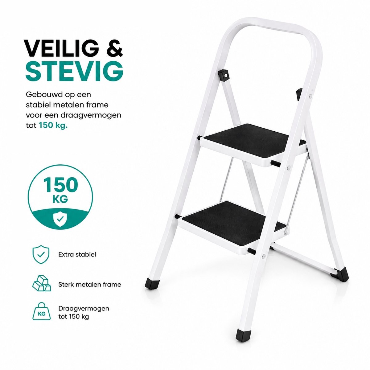 Eurocatch Huishoudtrap 2 Treden - Opvouwbare Keukentrap met Leuning - Antislip Opstapje - Stalen Trapladder - Max. Belastbaar 150 kg - Compact en Veilig – foto 7