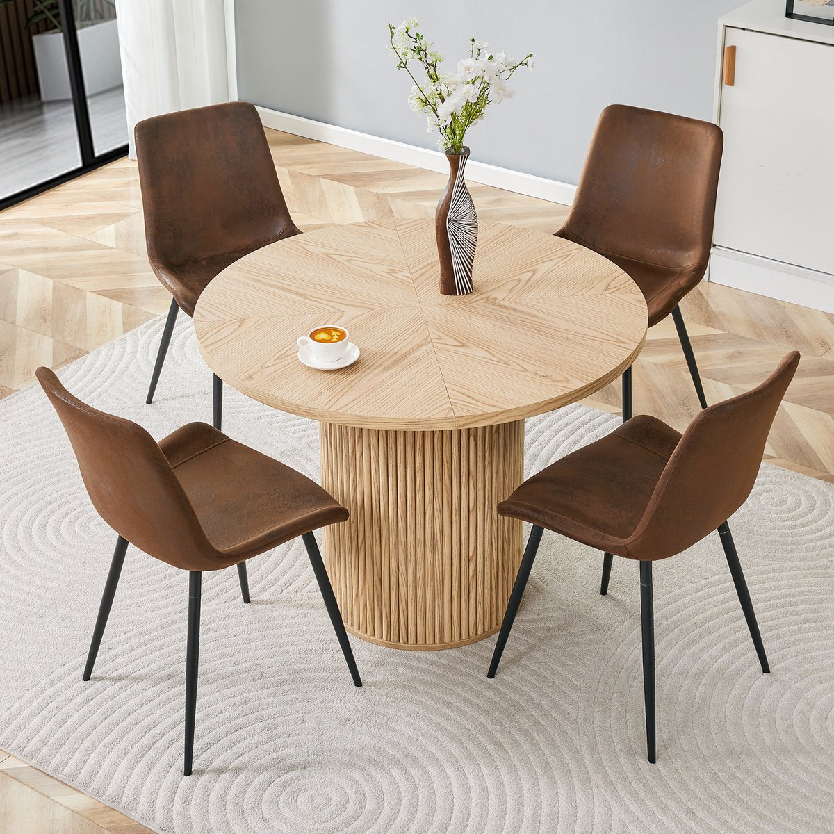 MIVRAY Eethoek 100 cm - Ronde Eettafel Met 4 Stoelen - Voor Eetkamer En Keuken - MDF, Stof En Metaal - Bruin Zwart
