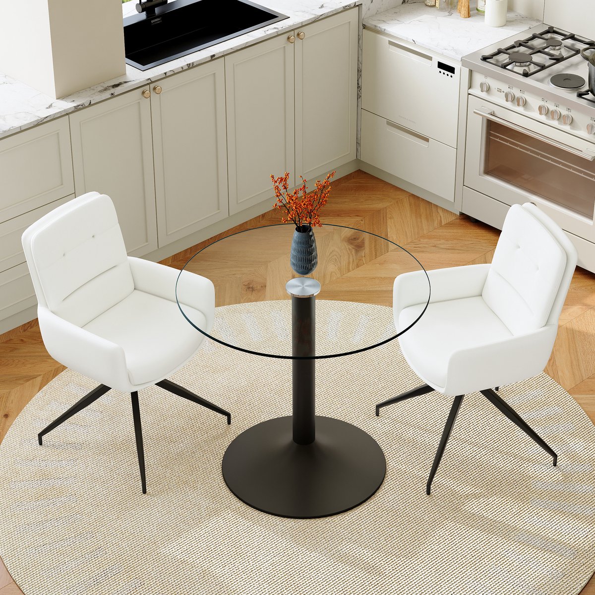 MIVRAY Eethoek Set 85 Cm - Ronde Glazen Eettafel Met 2 Draaibare Eetkamerstoelen - Voor Eethoek Of Horecaruimte - Zwart Transparant Wit Zwart, Transparant, Wit
