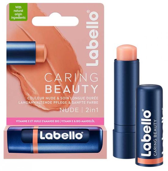 Labello Caring Beauty Nude lippenbalsem op verpakking en losse lippenbalsem.