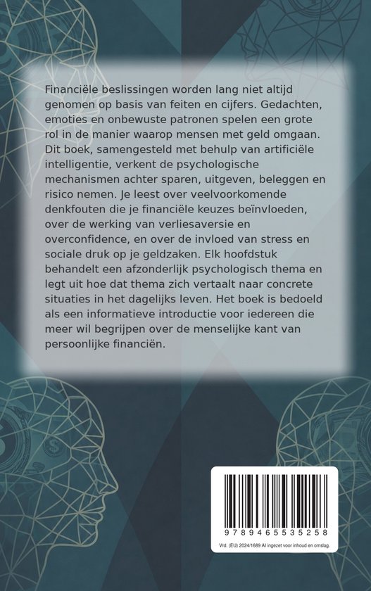 Achterkant boek met tekst over de psychologie van geld en een barcode.