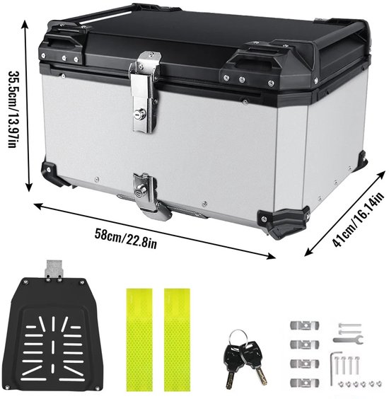 Miryx Koffer - Motorfiets Achterkoffer - Opbergbox - Gereedschapskist - Gereedschapskoffers - 65L - Aluminium - Waterdicht - (Zilver)