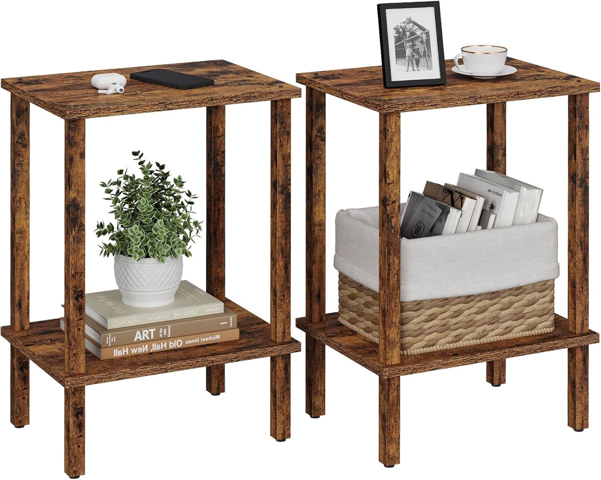 Hoppa! Bijzettafel, set van 2, bijzettafel, nachtkastje, opbergplank met 2 niveaus, banktafel voor kleine ruimte, woonkamer, slaapkamer, bruin