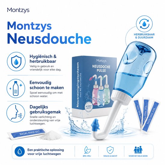 Montzys neusdouche: hygiënisch, herbruikbaar, eenvoudig schoon te maken, dagelijks gebruiksgemak, compact. BPA-vrij.