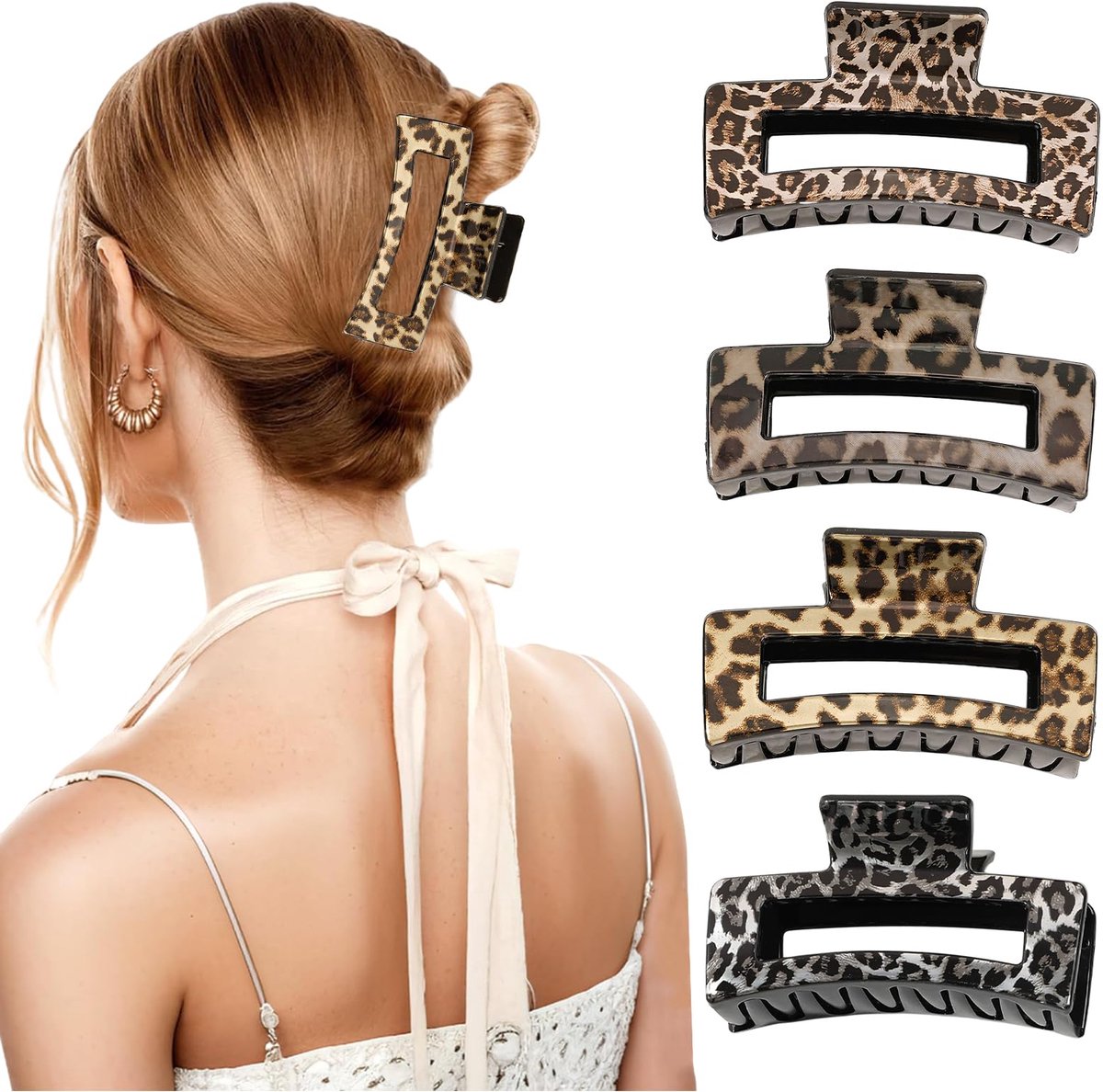 4 stuks grote haarclips met luipaardpatroon, glanzende vierkante haarklem voor dik haar, volume clips, haarspelden voor dames, grote haarspeld