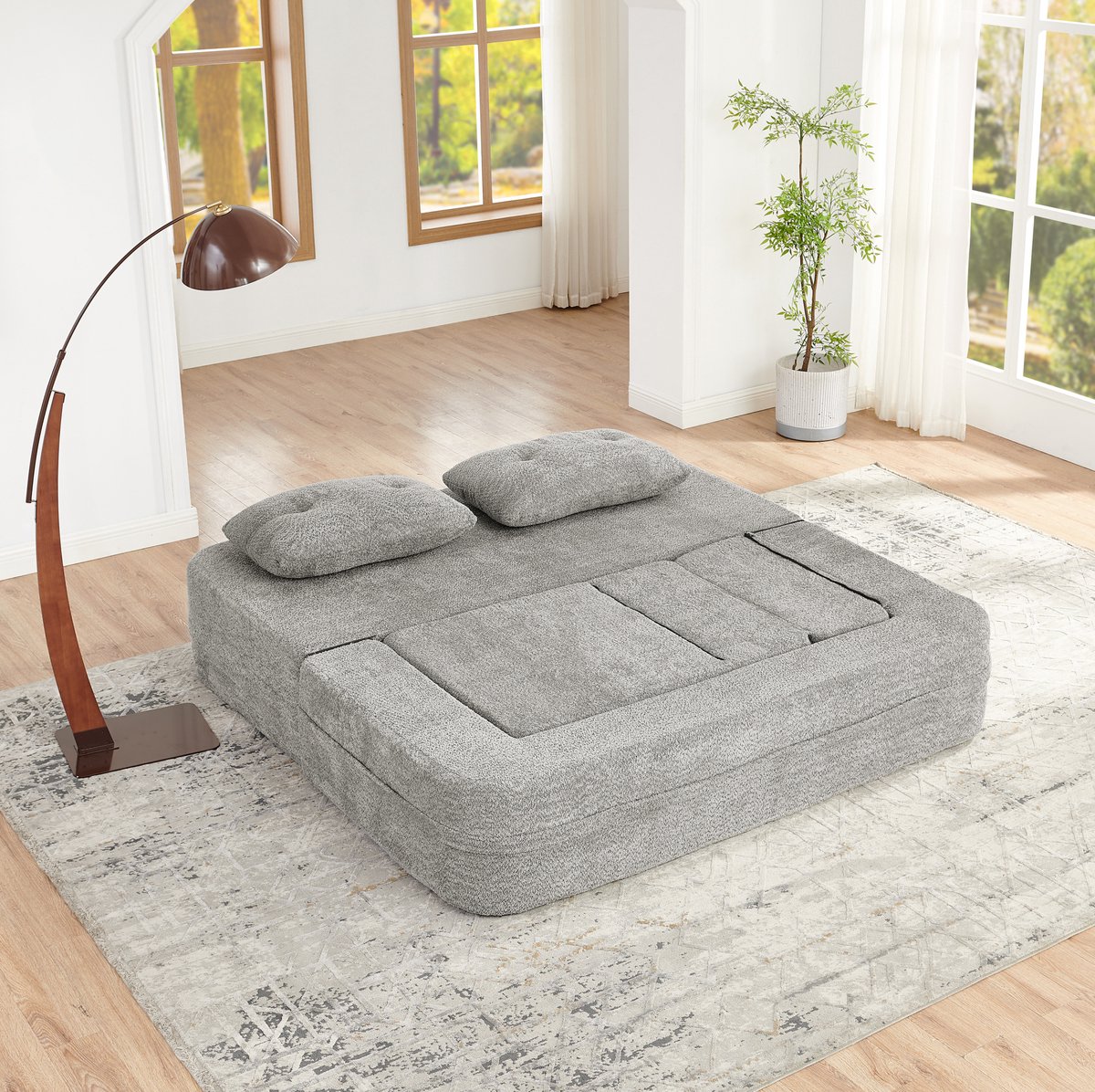 FloraGrace Slaapbank – 3-Zits Modulaire Bedbank 194 cm – Opklapbaar Zonder Montage Met Zijvakken – Voor Woonkamer Of Logeerkamer – Stof – Lichtgrijs