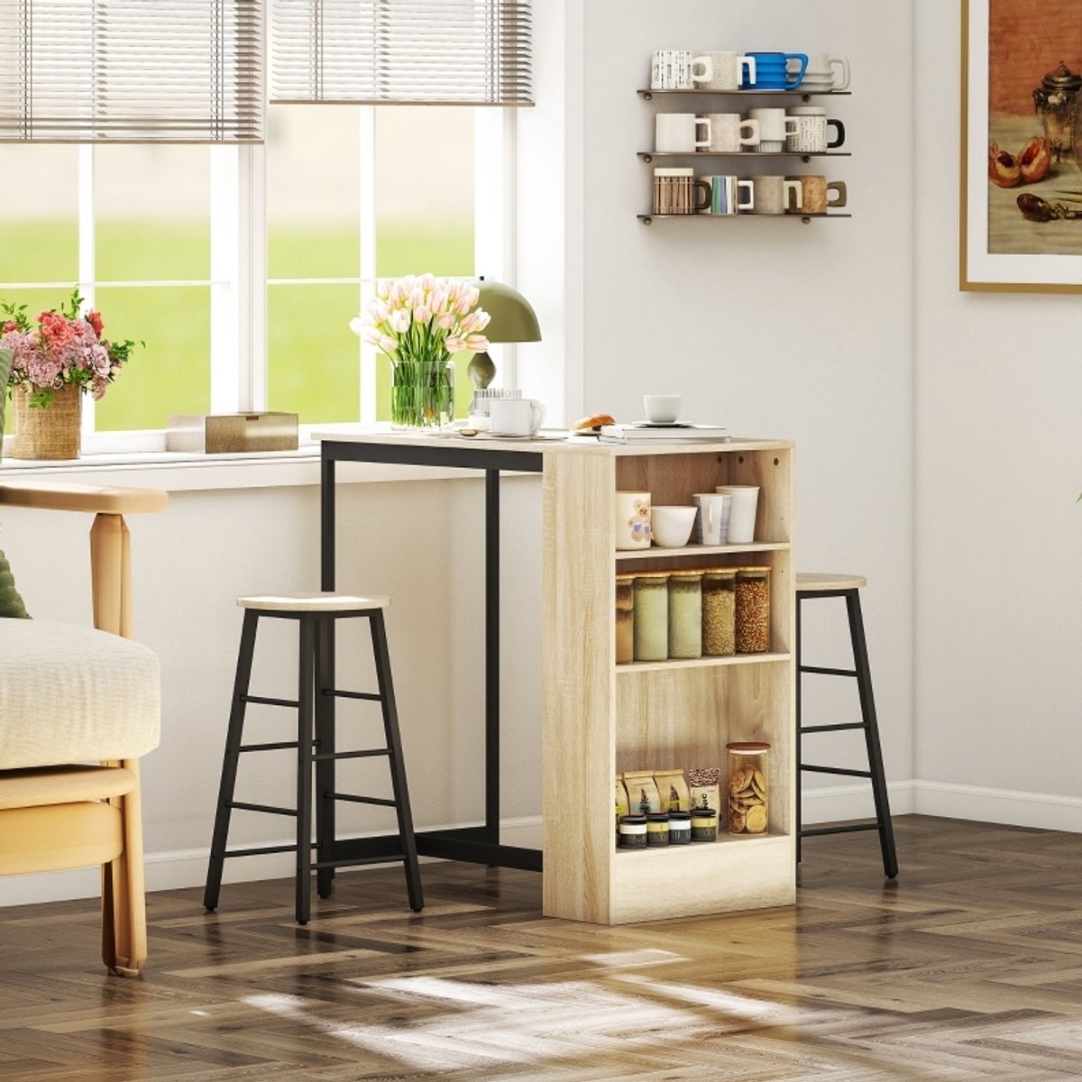 HAUSS SPOLE Bartafel Set - 3 Delig Met 2 Hockers En Opbergruimte - Plaatsbesparend Voor Ke