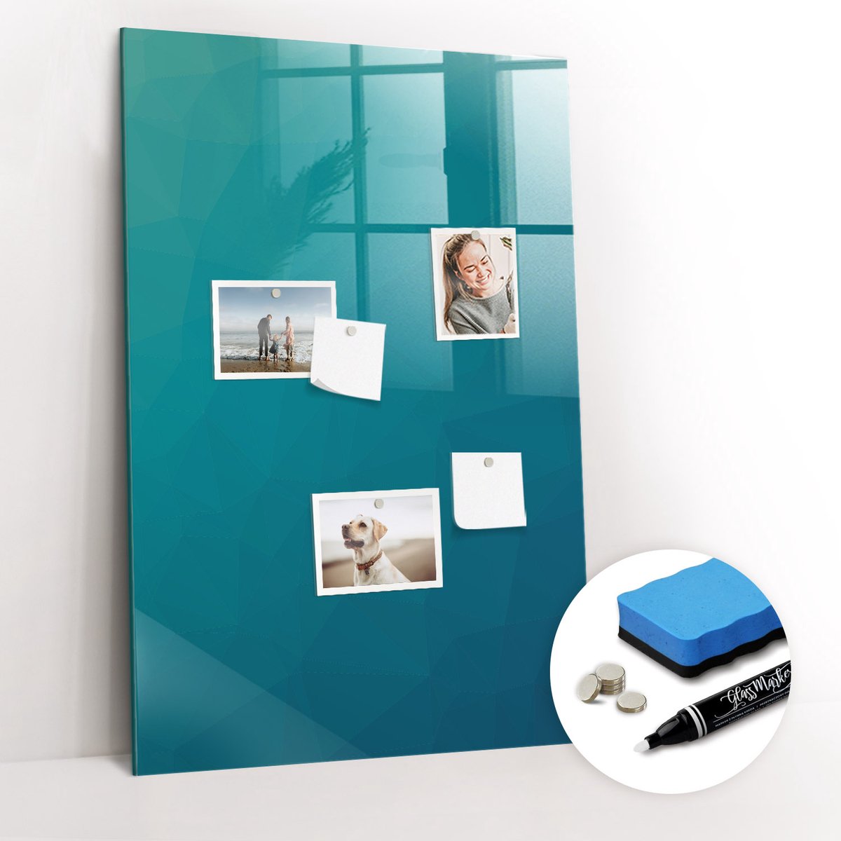 Tulup Whitebord - Geometrische abstractie - 60 x 90 cm - Turkoois Magnet Board - Gratis 5 Sterke Magneten + Whiteboard Marker & Wisser - Moderne Wanddecoratie - Memobord Glas - Organiseer Je Bureau