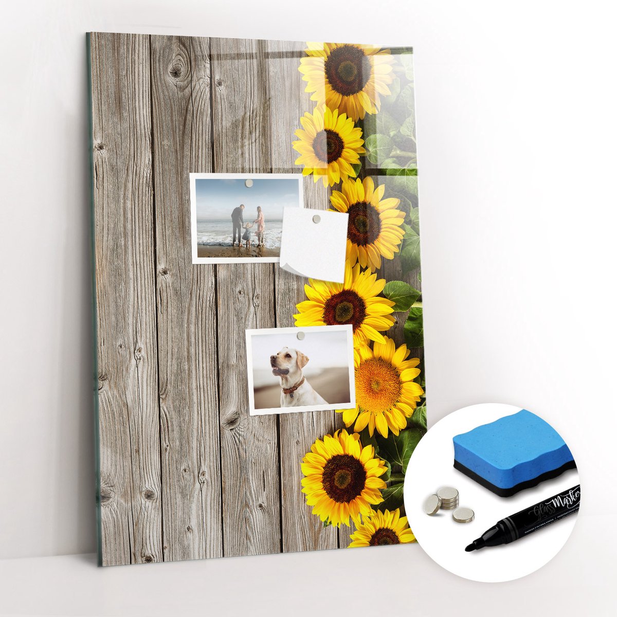 Tulup Whitebord - Zonnebloemen hout - 40 x 60 cm - Bruin Magneetbord Foto - Gratis 5 Sterke Magneten + Whiteboard Marker & Wisser - Stylish Memo Board - Magneetbord Foto - Notitiebord Werkplek