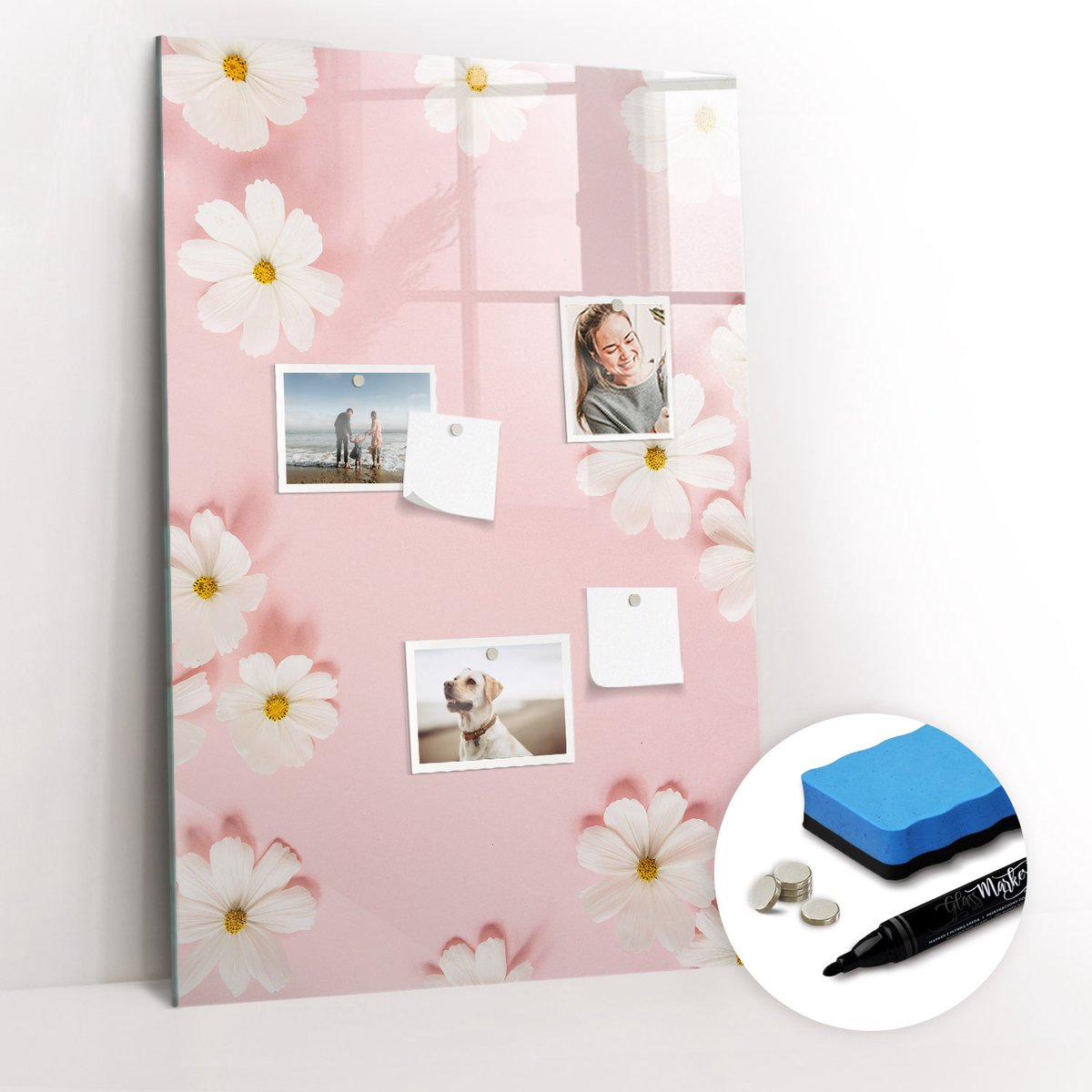 Tulup Whitebord - Madeliefjes - 60 x 90 cm - Roze Foto Magneetbord - Gratis 5 Sterke Magneten + Whiteboard Marker & Wisser - Moderne Wanddecoratie - Magnetic Board - Organiseer Je Bureau