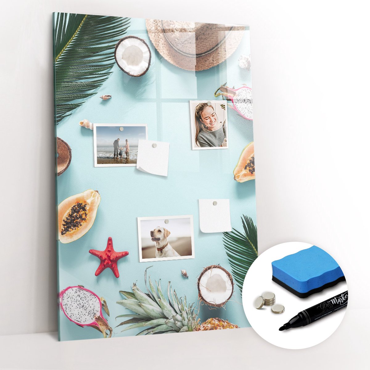 Tulup Whitebord - Zomercompositie - 60 x 90 cm - Turkoois Magneetbord Keuken - Gratis 5 Sterke Magneten + Whiteboard Marker & Wisser - Minimalistisch Prikbord - Magnetisch Bord Kind - Planning Muur
