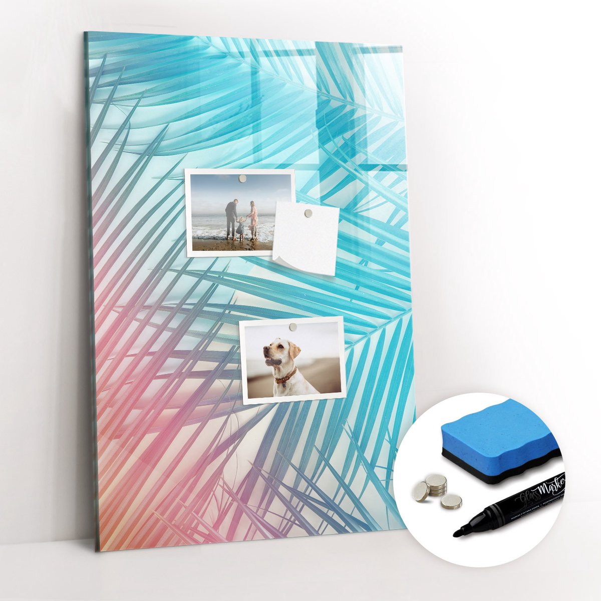 Tulup Whitebord - Palmbladeren - 40 x 60 cm - Blauw Foto Magneetbord - Gratis 5 Sterke Magneten + Whiteboard Marker & Wisser - Stylish Memo Board - Magnetisch Bord - Planning Muur