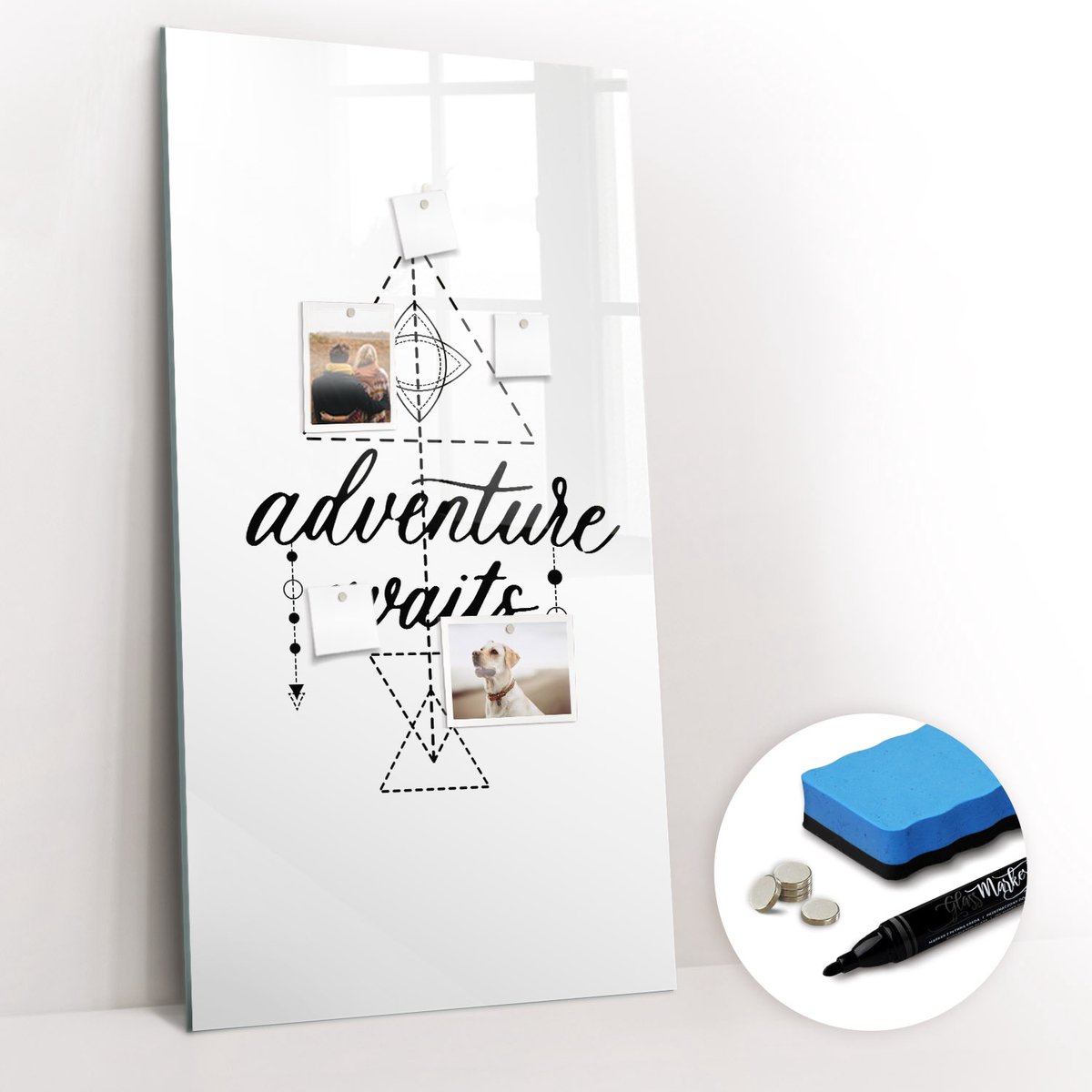 Tulup Whitebord - Avontuur - 60 x 120 cm - Wit Foto Magneetbord - Gratis 5 Sterke Magneten + Whiteboard Marker & Wisser - Scandinavisch Design Bord - Magneetbord Rechthoekig - Notitiebord Werkplek