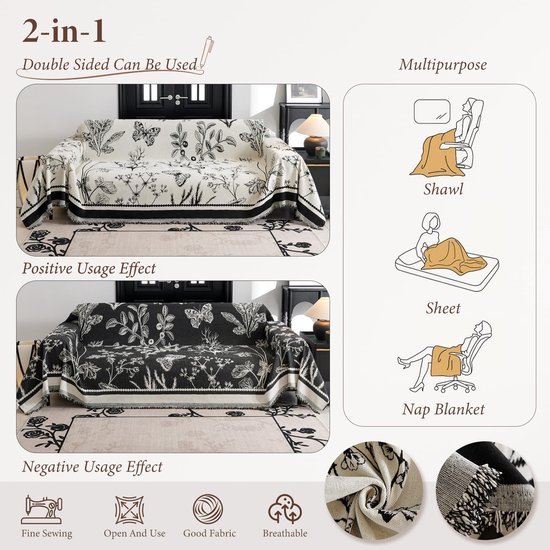 Gooien, Chenille Bankgooien met Kwastjes, Multifunctionele Deken, Jacquard Gestreepte Spreien voor Bank, Fauteuil Bedden 180 * 180cm - Zwart — afbeelding 5