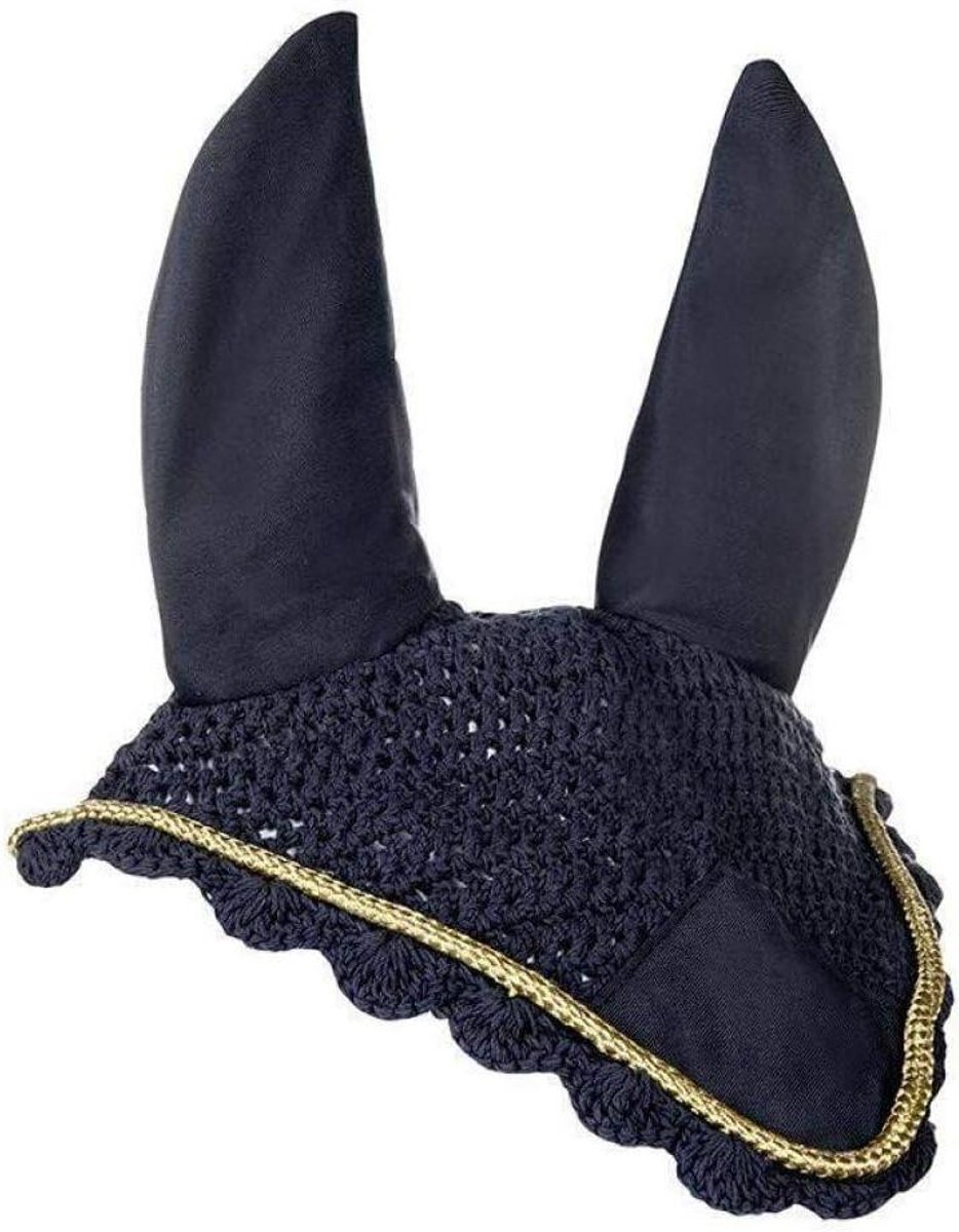 Oornet Paardensport - Vliegenmuts Paard - Paard Beschermen - Ademend Materiaal - 22 x 17 x 10 cm - Donkerblauw/Goud