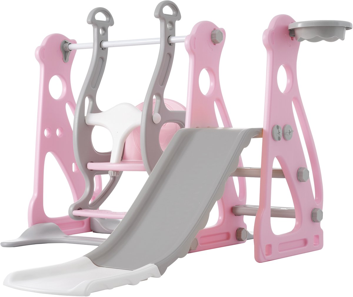 YYchan 4-in-1 Glijbaan - Schommel en Basketbalring - Binnen en Buiten - Roze en grijs