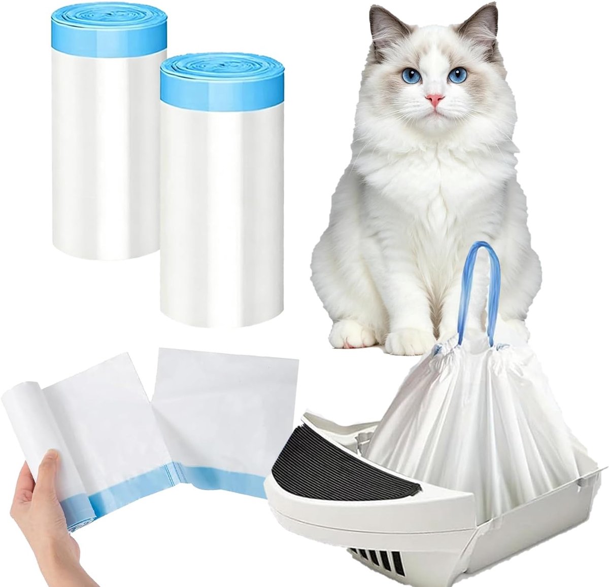 40 stuks kattenbakzakken, 65 × 30 cm, kattenbakvulling vuilniszakken met trekkoord