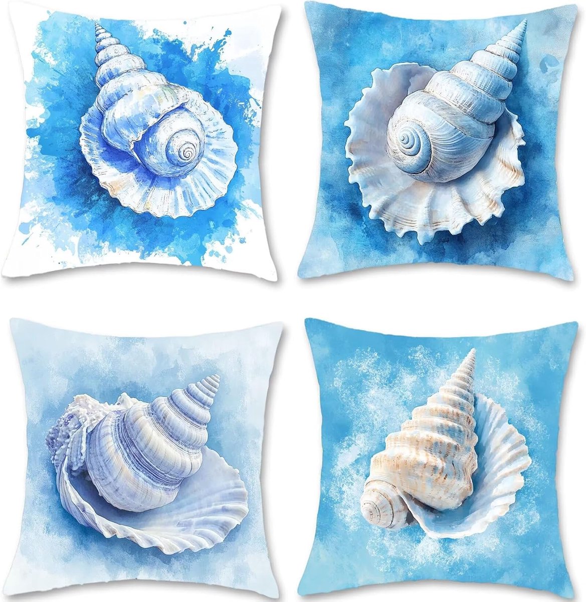 Kussensloop, 50 x 50 cm, blauw, voor bankkussen, waterdicht, linnen, schelp, kussensloop, set met 4 decoratieve kussens met verborgen ritssluiting, voor bank, bed, woonkamer, woondecoratie, S1-554
