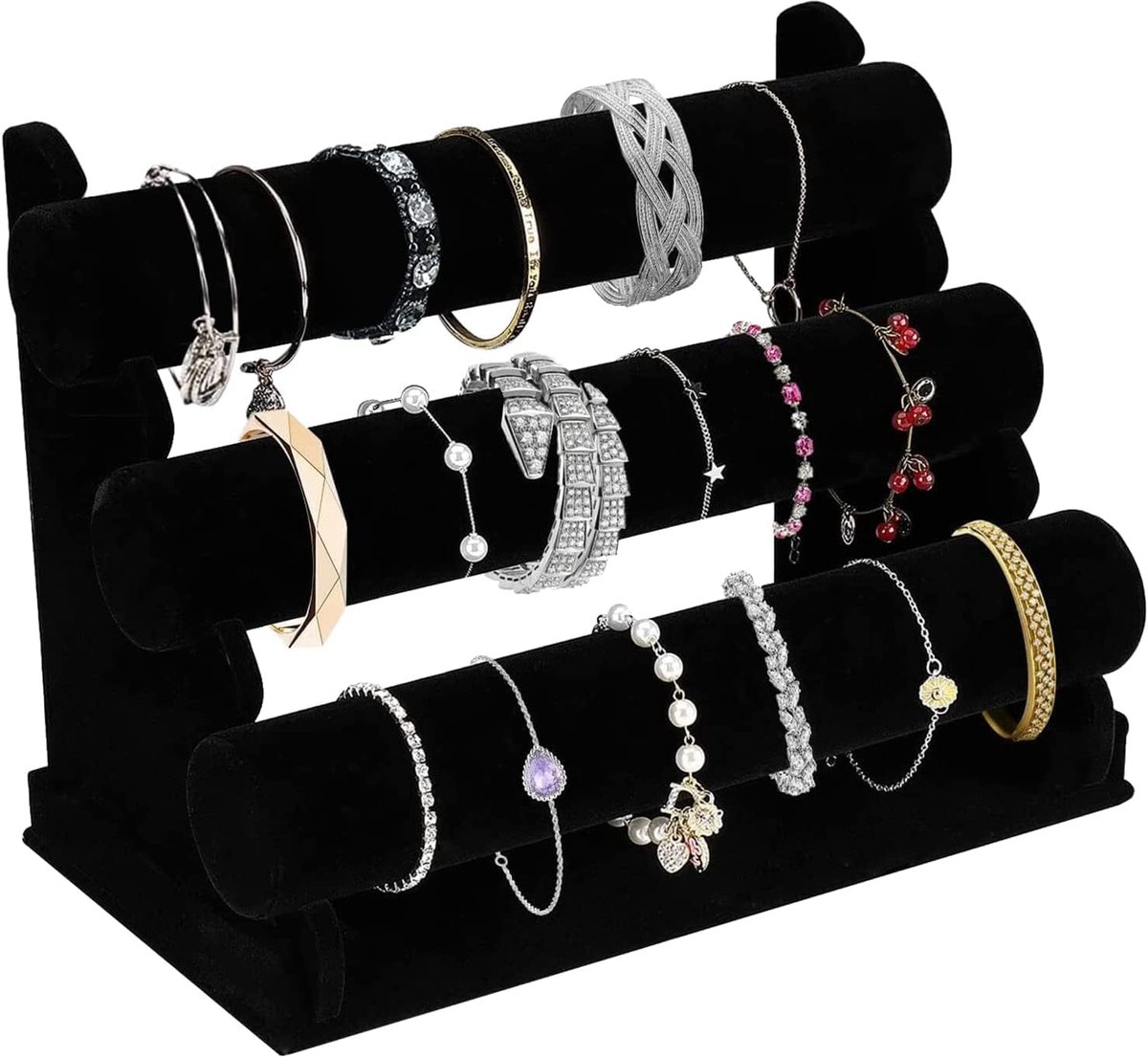 3 Niveaus Afneembaar in Zwart Fluweel – Sieraden Standaard voor Armbanden, Horloges, Kettingen & Haaraccessoires – Organizeer & Presenteer 30 x 22,5 x 18 cm
