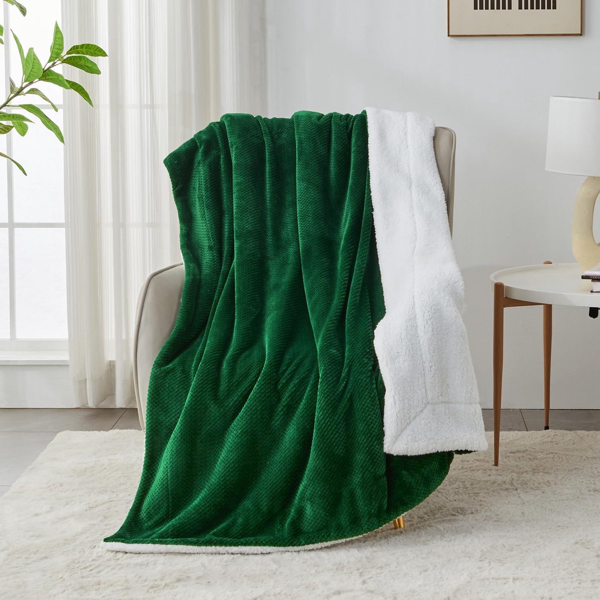 Wafel Sherpa Fleecedeken, superzacht, pluizig warm, licht, omkeerbaar pluche deken voor bed, bank en bank, 150 x 200 cm, bosgroen
