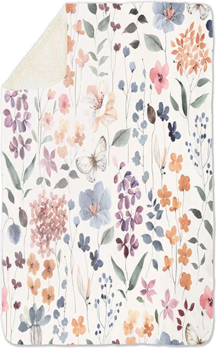 Fleecedeken Bloemen en Vlinders, 96x146cm, Polyester Sherpa
