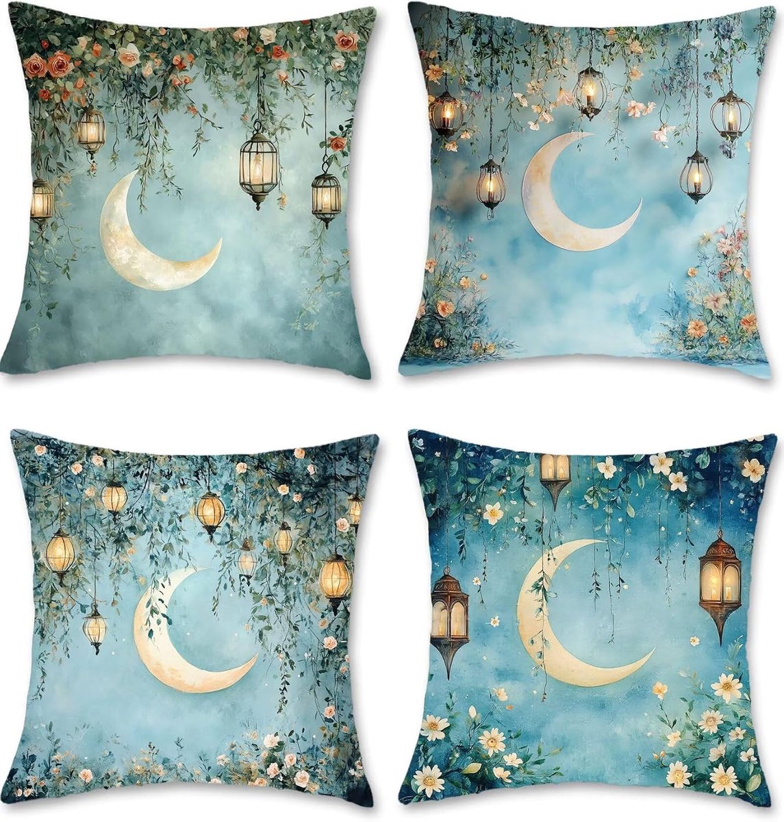 Kussensloop 50 x 50 cm, blauw, bankkussen, waterdicht, linnen maan, kussenovertrek, set van 4 decoratieve kussens met verborgen ritssluiting, voor bank, bed, woonkamer, woondecoratie, S1-306