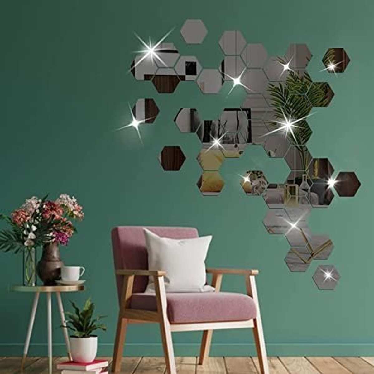 36 stuks 6 cm zeshoekige spiegels acrylspiegel spiegel wandstickers decoratieve spiegel voor woonkamer, slaapkamer, badkamer, keuken, kleedcabine (zwart)
