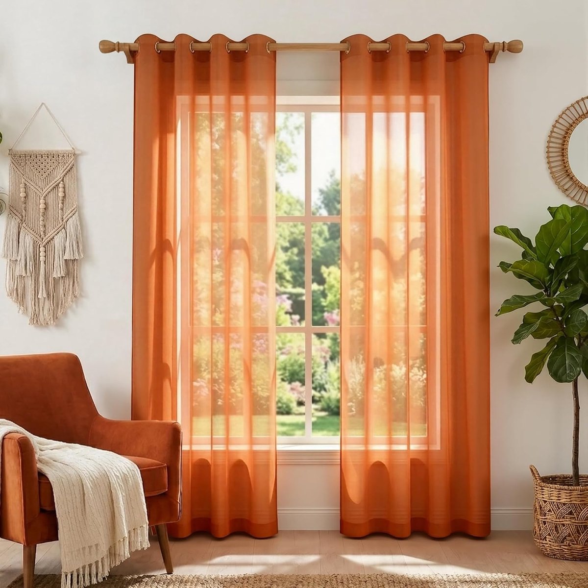 oranje gordijnen 213 cm lengte voor woonkamer, Boheemse herfst boho herfst decor set van 2 panelen doorvoertule faux linnen semi-transparante Thanksgiving gordijnen voor eetkamer slaapkamer