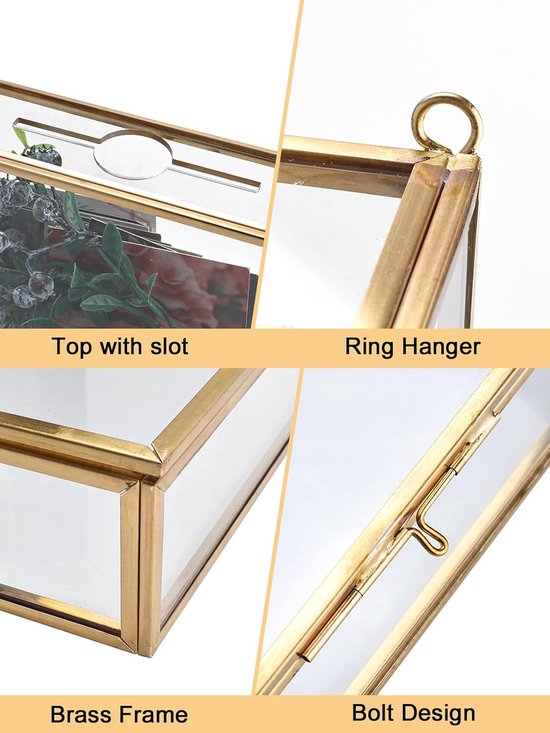 Bruiloft glazen kaartendoos met gleuf 30x30 cm, Golden Terrarium Clear View glazen box, vintage presentatiedoos voor huwelijksreceptie, wanddecoratie en tafelbevestiging, met ketting — afbeelding 2