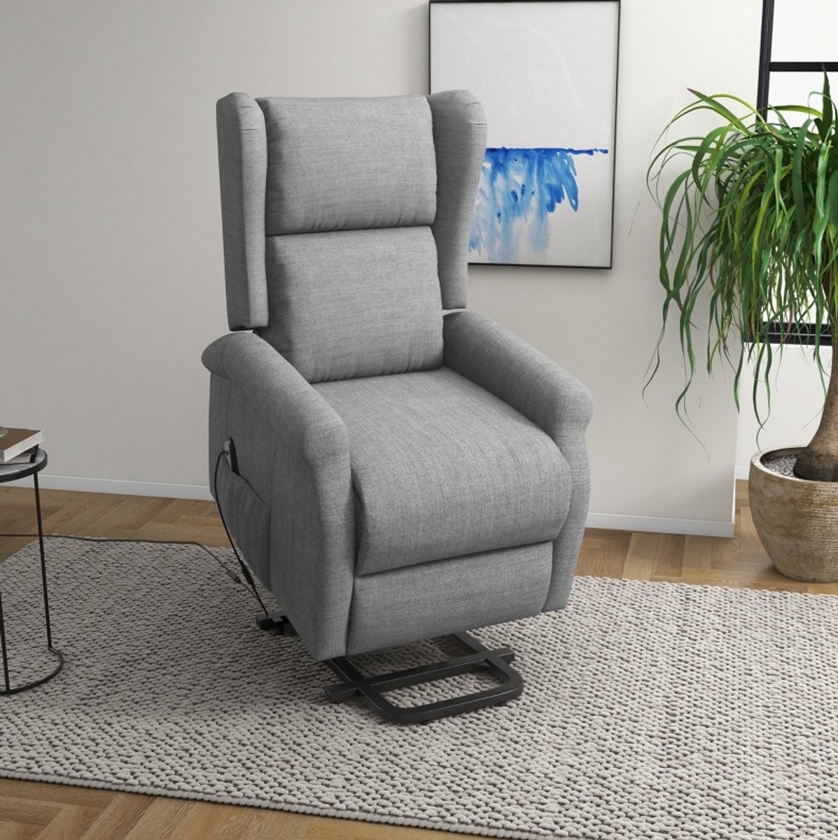 MEUNIQ Relaxfauteuil elektrisch met sta-op functie en ligfunctie 74 x 94 x 111 cm, verstelbare rugleuning en voetensteun, zijvak, max. 200 kg, grijs