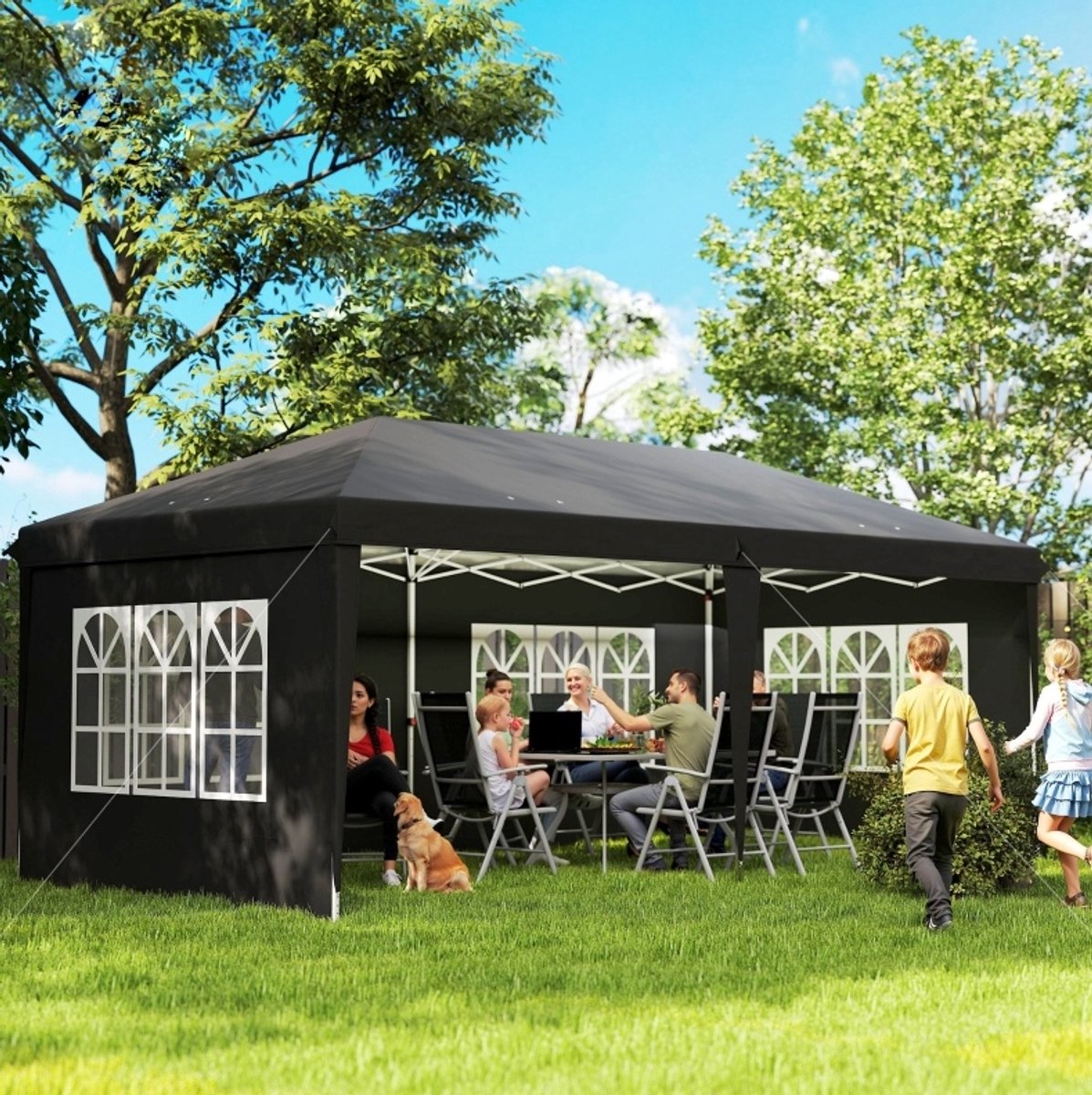 MEUNIQ partytent paviljoen 585 x 295 cm met 4 afneembare zijwanden, pop-up vouwtent met ramen, UV-bescherming, draagtas en haringen voor tuin of feest, zwart