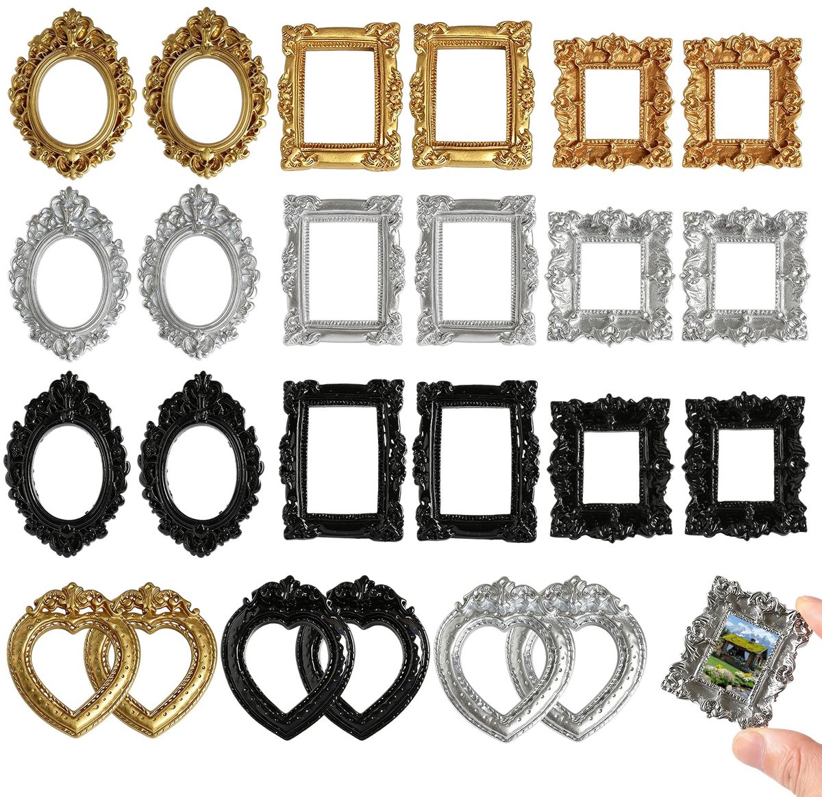24 stuks mini-fotolijsten, vintage, miniatuurfotolijsten, hars, mini-frame, barok, kleine lijst, foto's, doe-het-zelf, reliëf, fotorekwisieten voor presentatie van 2,5 tot 5,5 cm