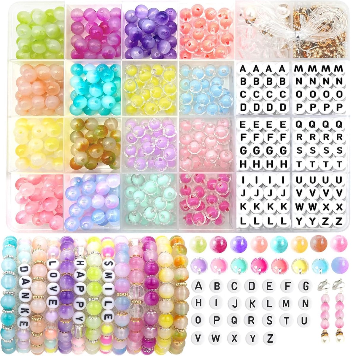 Kralen Kit voor Armbanden – 800+ Stuks 8 mm Ronde Kralen in 16 Kleuren met Letterkralen, DIY Sieraden Maken