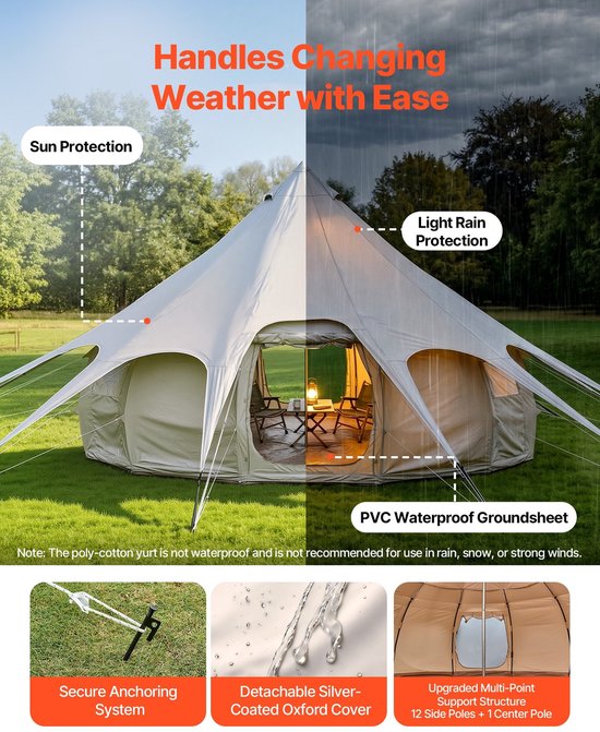 Canvas Bell Tent - 5 m Yurt Tipi Tent - 4 Seizoenen - Met Schoorsteenopening & Regenhoes - Polykatoen - Voor 12 Personen - Beige — afbeelding 2