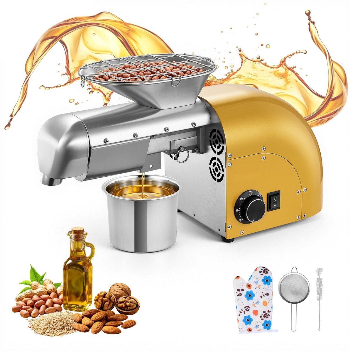 Oliepers Oliemolen - Elektrische Automatische Oliepersmachine - 5 kg/u Capaciteit - 1250 W Vermogen - Warm en Koud Persen - Voor Pinda's Sesam Sojabonen Amandelen - Met Reinigingsborstel - Roestvrij Staal