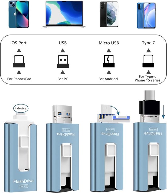 USB Flash Drive - Geheugenstick Telefoon - Foto Opslag - Hoge Snelheid - 256GB - Blauw — afbeelding 2