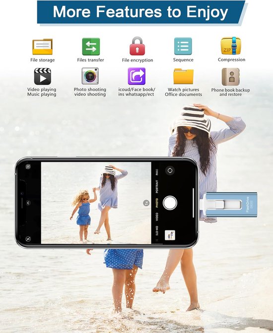 USB Flash Drive - Geheugenstick Telefoon - Foto Opslag - Hoge Snelheid - 256GB - Blauw — afbeelding 5