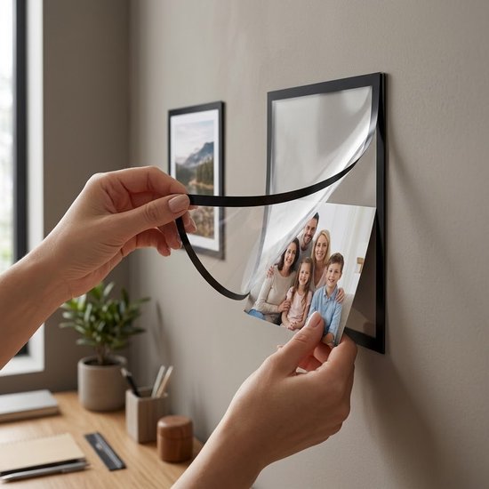 Een vrouw plaatst een familiefoto in een zwart magnetisch frame aan een taupe muur.