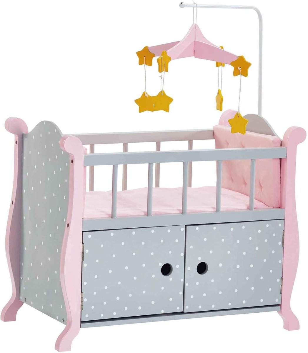Poppenbedje en Kast - Poppenmeubel - Poppen verzorgen - Met mobiel - 79 cm hoog - Grijs Roze