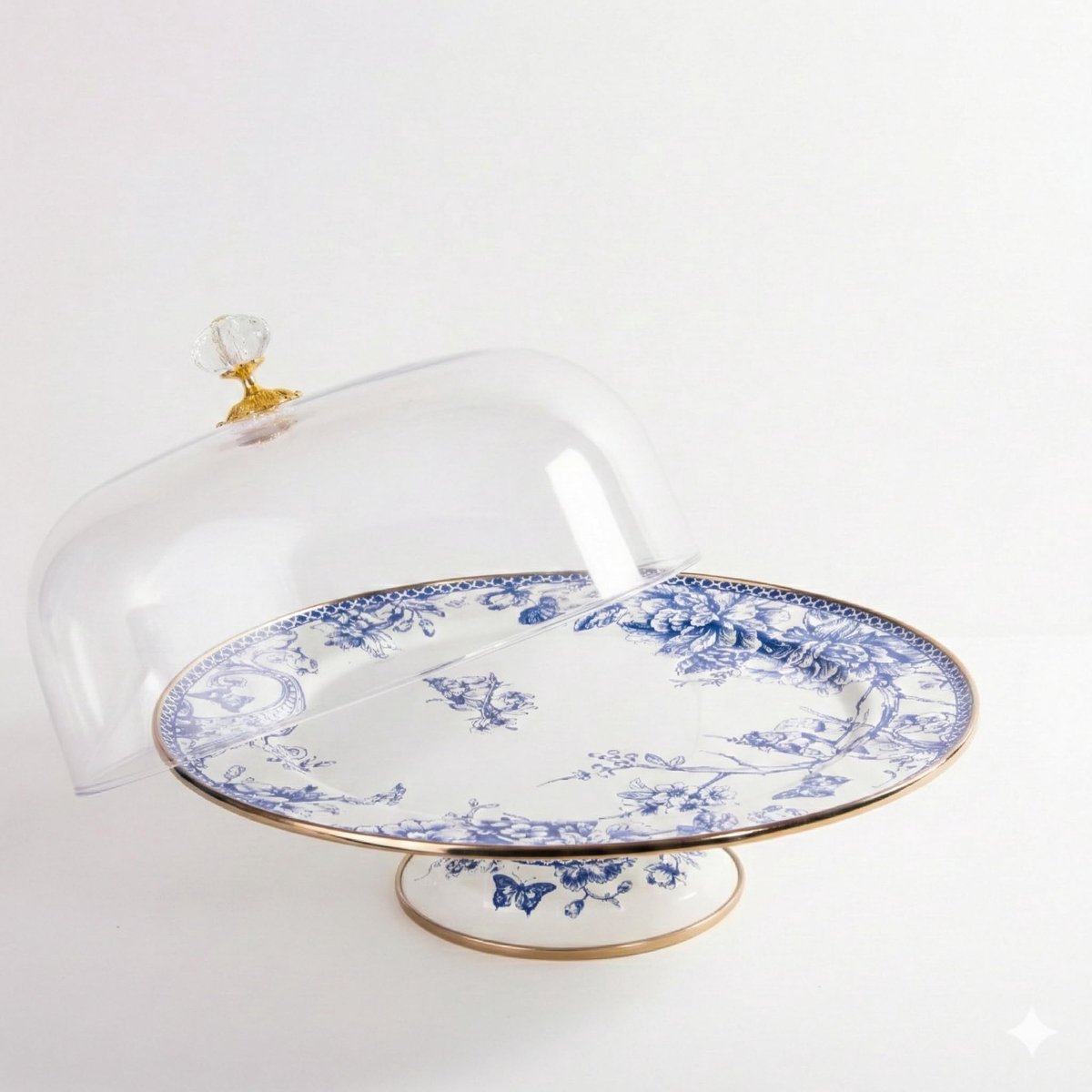 Taartstandaard met koepel, blauw en wit bloemenpatroon, gouden trim, kristallen knop handvat, voetstuk basis