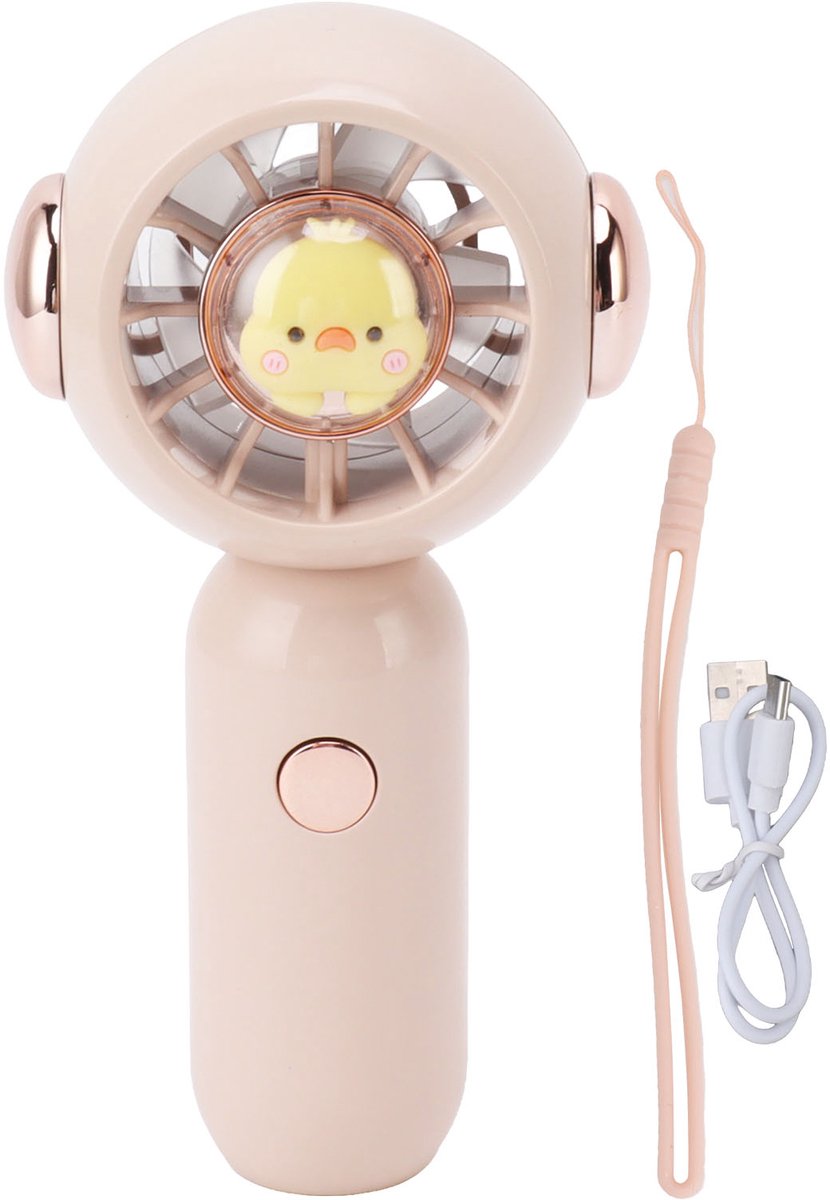Roze draagbare handventilator (USB-oplaadbaar) met dierenmotief, stil en instelbaar; voor buiten en op reis