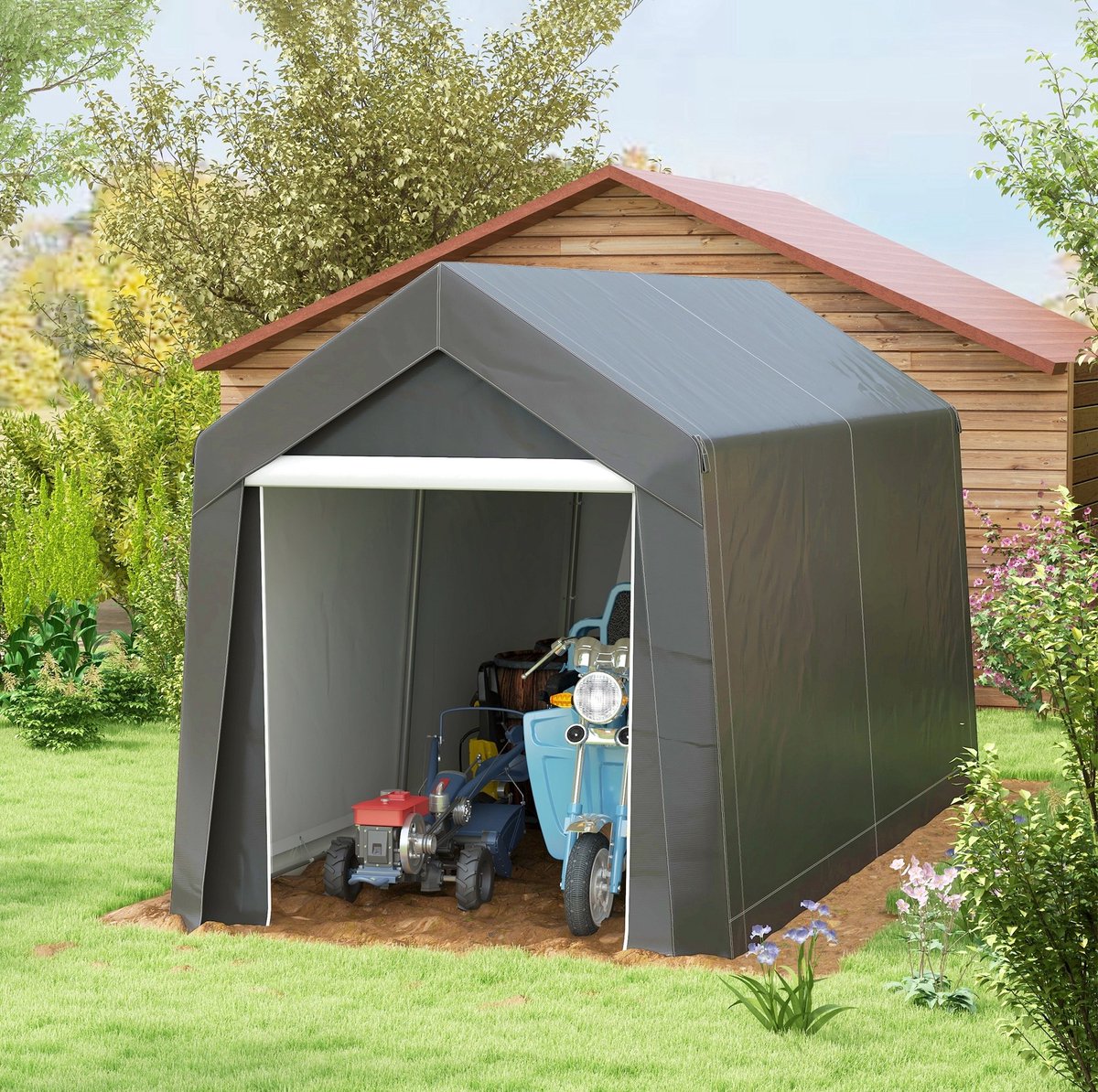 MEUNIQ garagetent 210 x 360 x 235 cm opslagtent met ritssluiting, UV-bescherming, ventilatievenster en verzinkt stalen frame voor motor of tuingereedschap