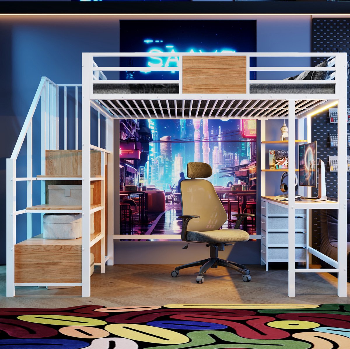 MIVRAY Hoogslaper 140x200 cm Zonder Matras - Met Bureau, Opbergvakken, Kledingstang, Ledverlichting en Stopcontact - Metaal en MDF - Wit
